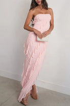 KissProm-Eylin Pink Sheath Strapless Chiffon Long Prom Dresses With Ruffles 