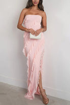 Eylin | Pink - Sheath Strapless Chiffon Long Prom Dresses With Ruffles - KissProm