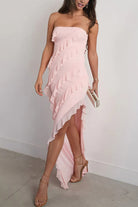 KissProm-Eylin Pink Sheath Strapless Chiffon Long Prom Dresses With Ruffles 