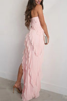 KissProm-Eylin Pink Sheath Strapless Chiffon Long Prom Dresses With Ruffles 