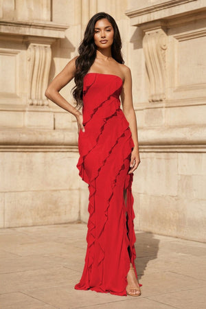 Pink - Sheath Strapless Chiffon Long Prom Dresses With Ruffles – Prom Dresses by KissProm | Available at KissProm