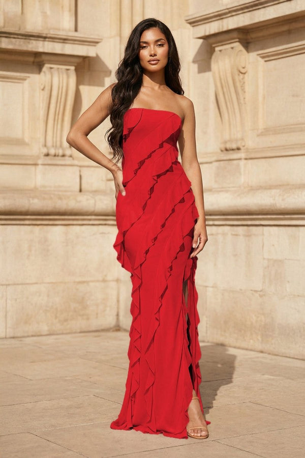 Pink - Sheath Strapless Chiffon Long Prom Dresses With Ruffles – Prom Dresses by KissProm | Available at KissProm