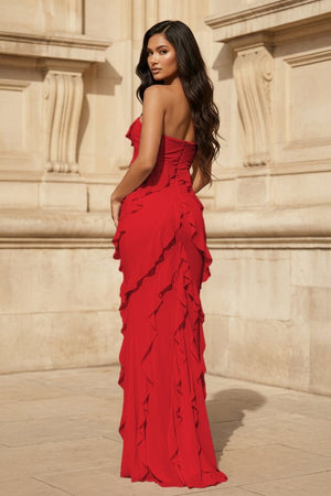Pink - Sheath Strapless Chiffon Long Prom Dresses With Ruffles – Prom Dresses by KissProm | Available at KissProm