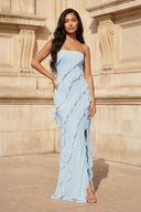 Pink - Sheath Strapless Chiffon Long Prom Dresses With Ruffles – Prom Dresses by KissProm | Available at KissProm
