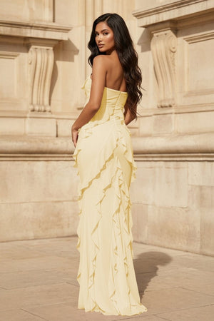 Pink - Sheath Strapless Chiffon Long Prom Dresses With Ruffles – Prom Dresses by KissProm | Available at KissProm