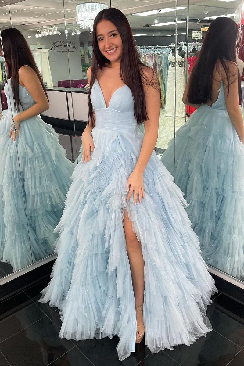 Alianna Pink A-Line Spaghetti Straps Tiered Tulle Prom Dress Sky Blue / 16