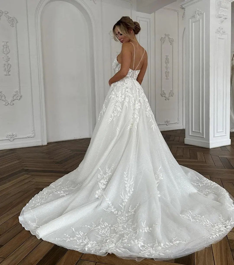 A-Line Deep V-Neck Cap Sleeves Tulle Wedding Dresses With Appliques,RBWD0002