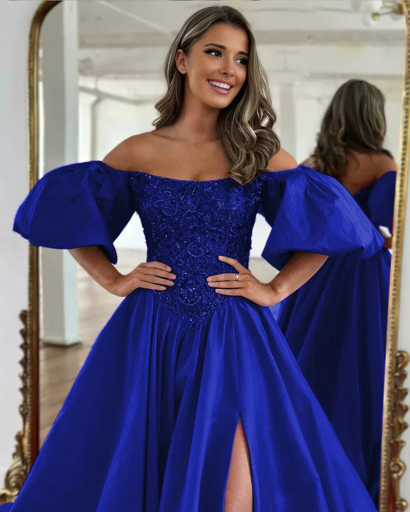 Liana Red A-Line Off The Shoulder Taffeta Prom Dress With Puffy Sleeves Liana Red A-Line Off The Shoulder Taffeta Prom Dress With Puffy Sleeves