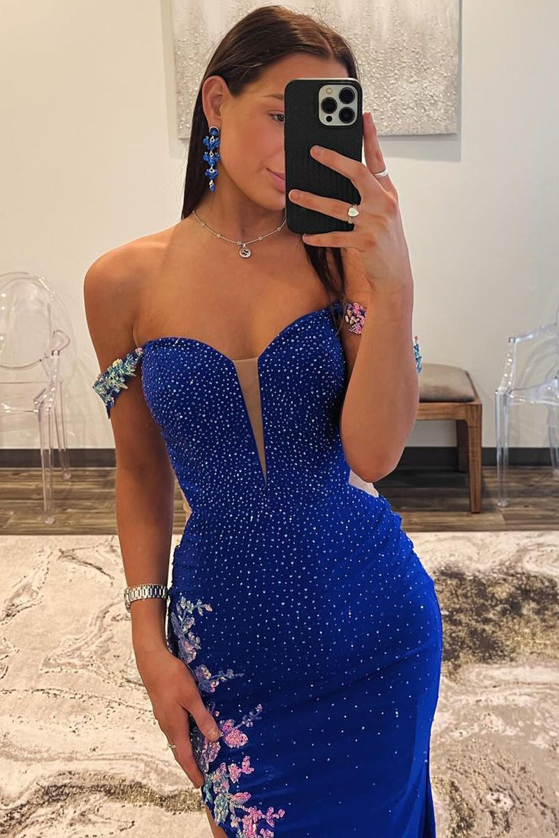 Royal Blue Off the Shoulder Beaded Long Prom Dresses with Appliques