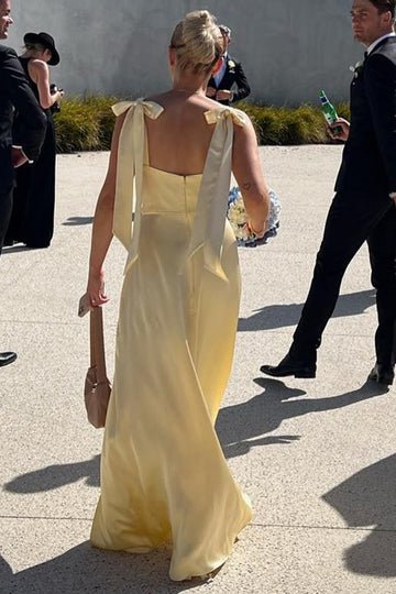 blue dress for baby girl Sheath Straps Yellow Satin Long Bridesmaid Dresses with Slit, Yellow / 16