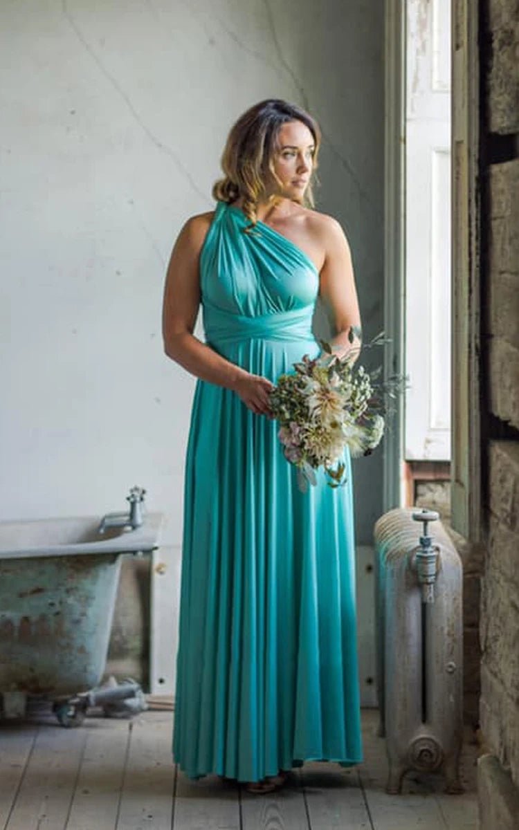 A Line Halter Neck Jersey Bridesmaid Dress With Half Sleeves And Straps Back - KissProm