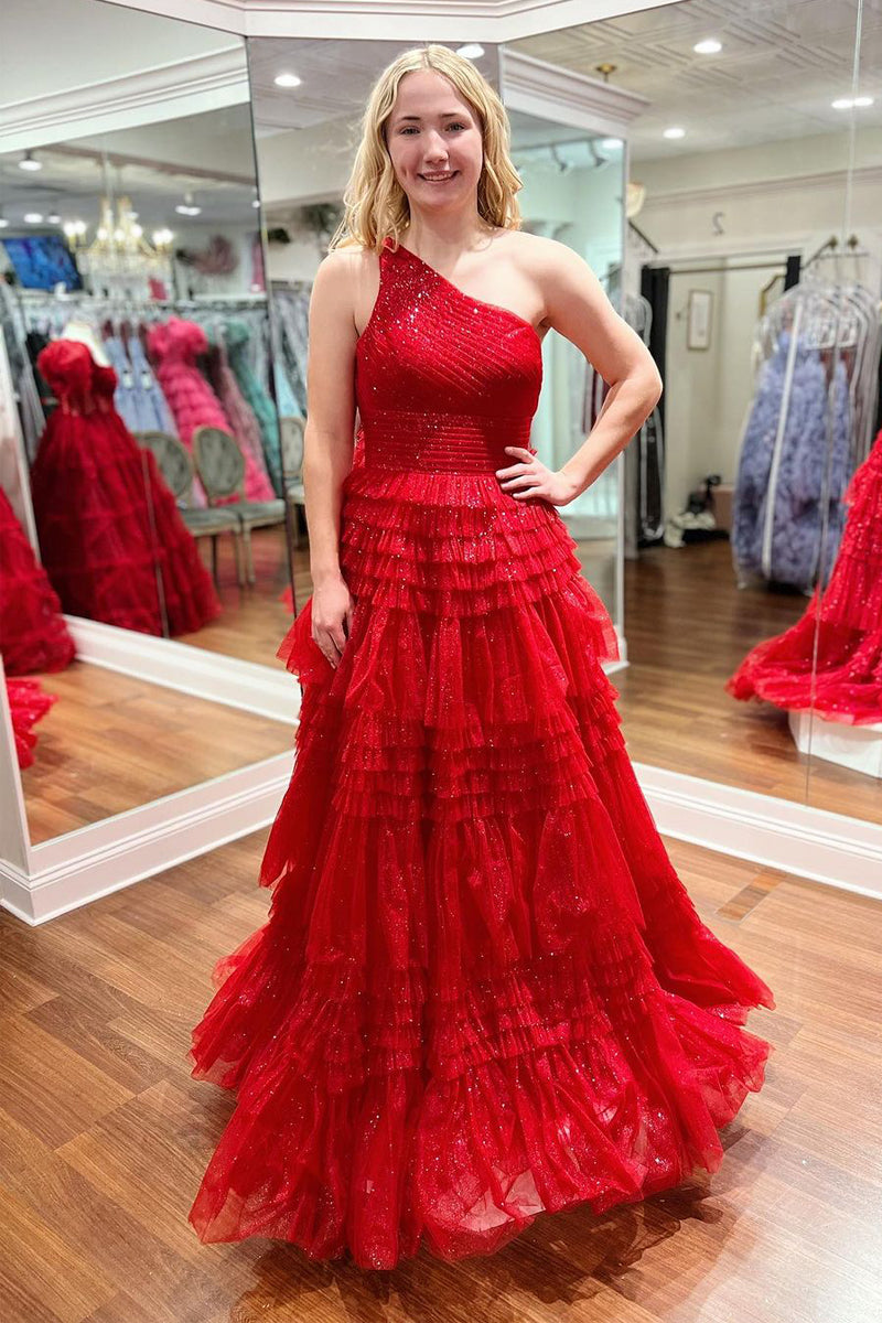 Sparkly Red One Shoulde Ruffle Tulle A-Line Long Prom Dresses