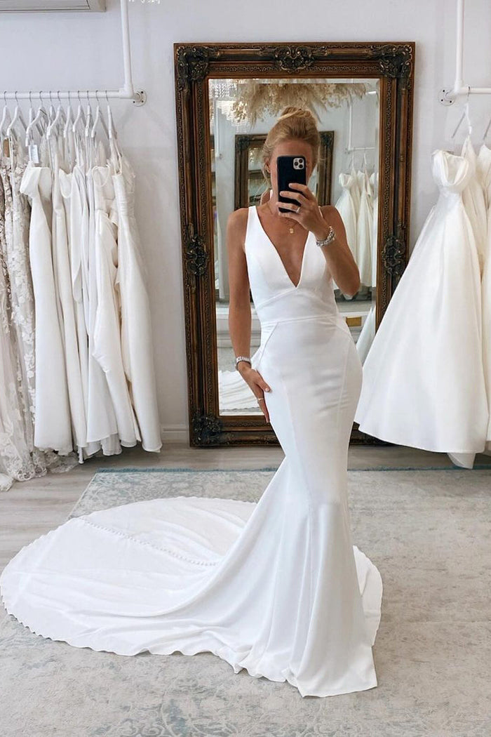 Simple Mermaid V Neck Satin White Wedding Dress Modest Wedding Dresses Princess Wedding Gowns DH1559