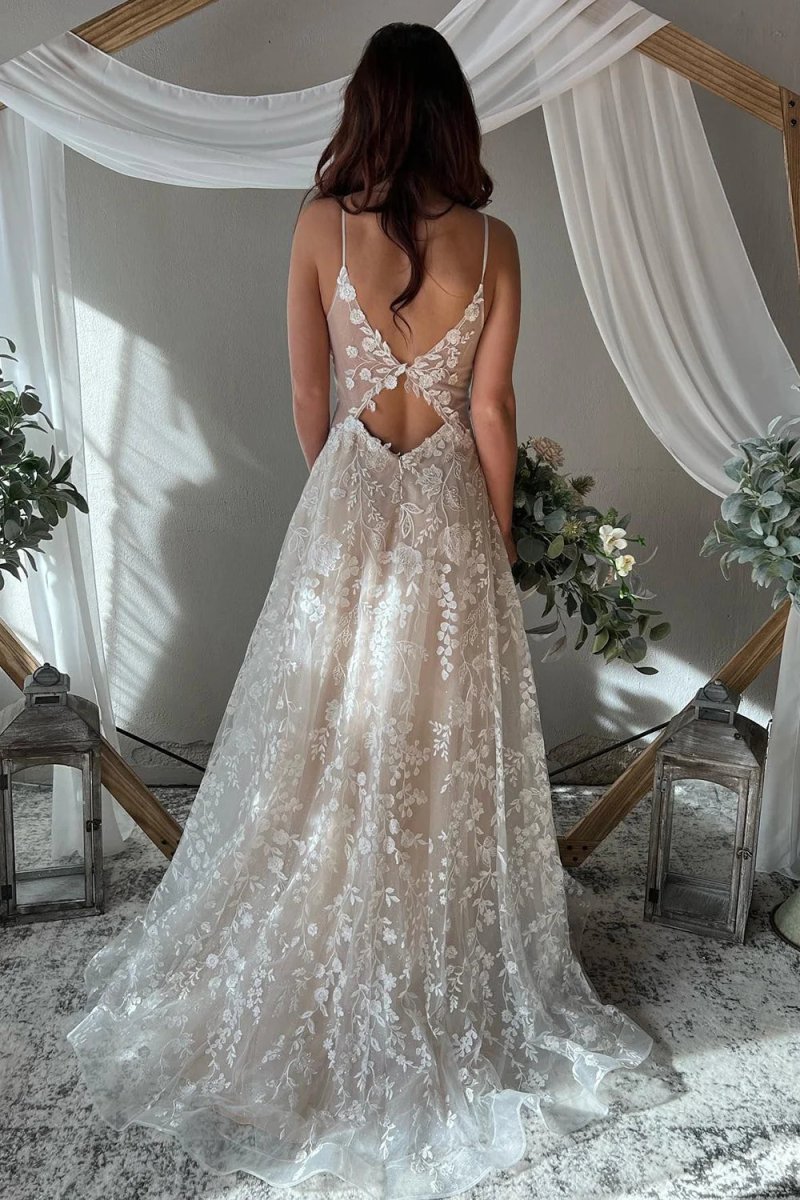 Exquisite A-Line V Neck Lace Boho Wedding Dresses – KissProm