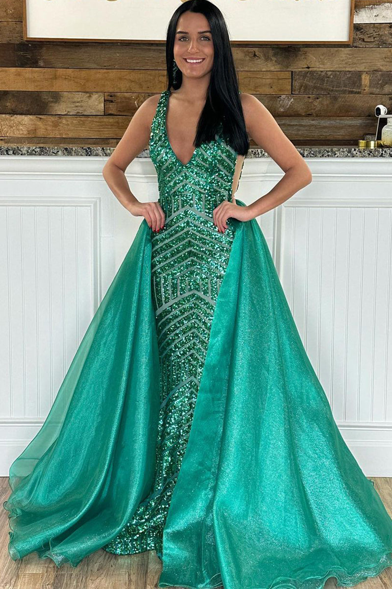 Sandra | Dark Green Sequins Mermaid V Neck Long Prom Dress with Detachable Train
