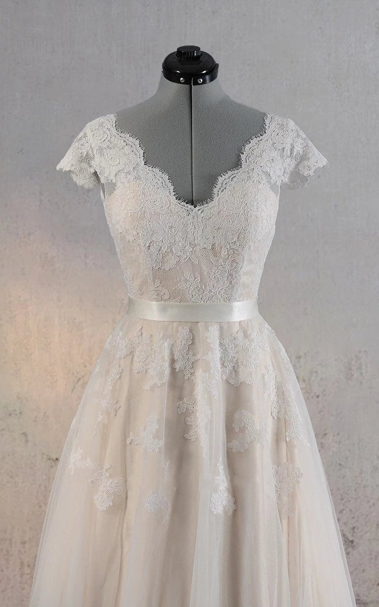 Cap Sleeve V-Neck Lace Wedding Dress With Tulle Skirt and V-Back