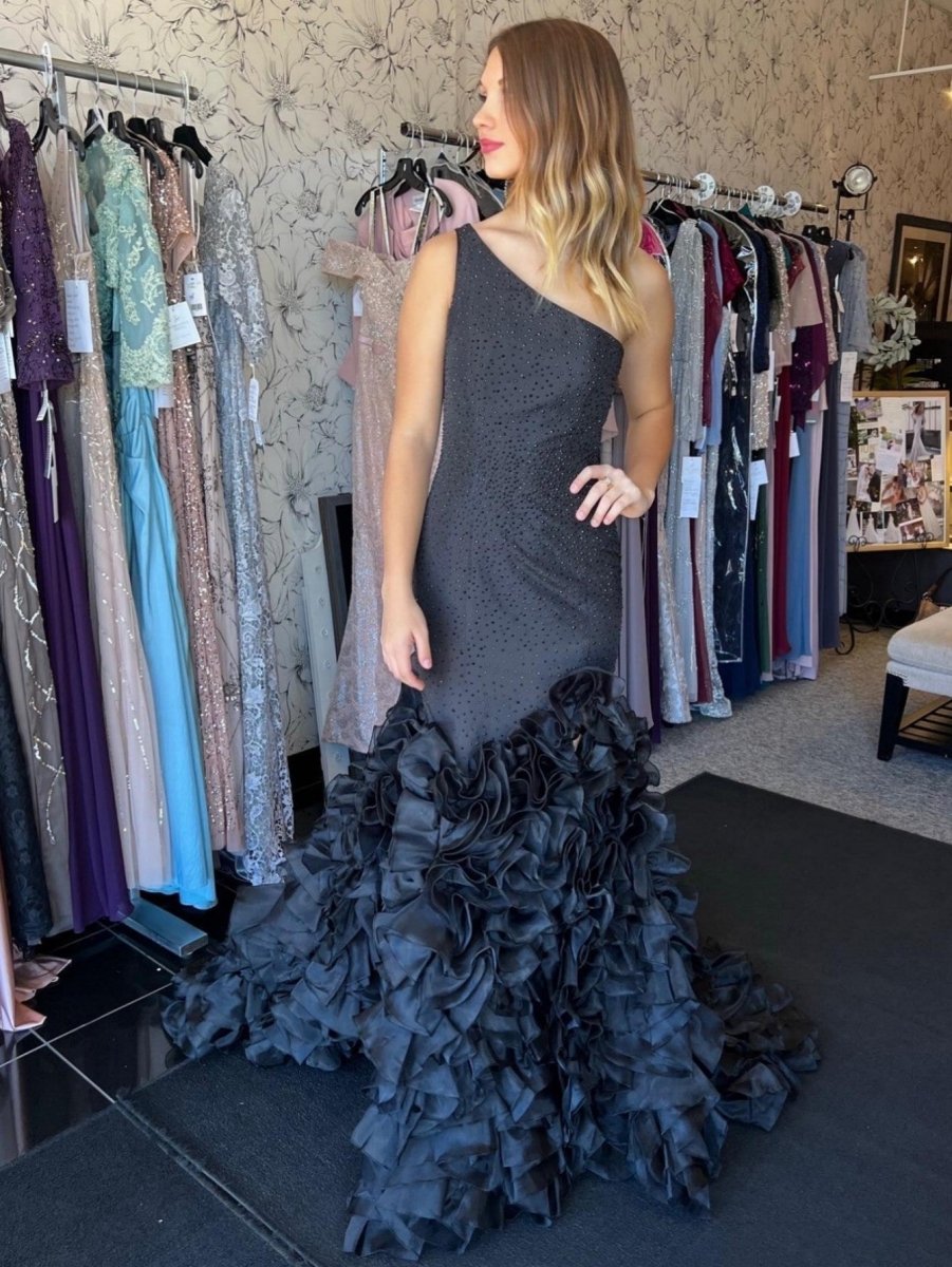 Mermaid Black One Shoulder Tiered Seqins Long Prom Dress - KissProm