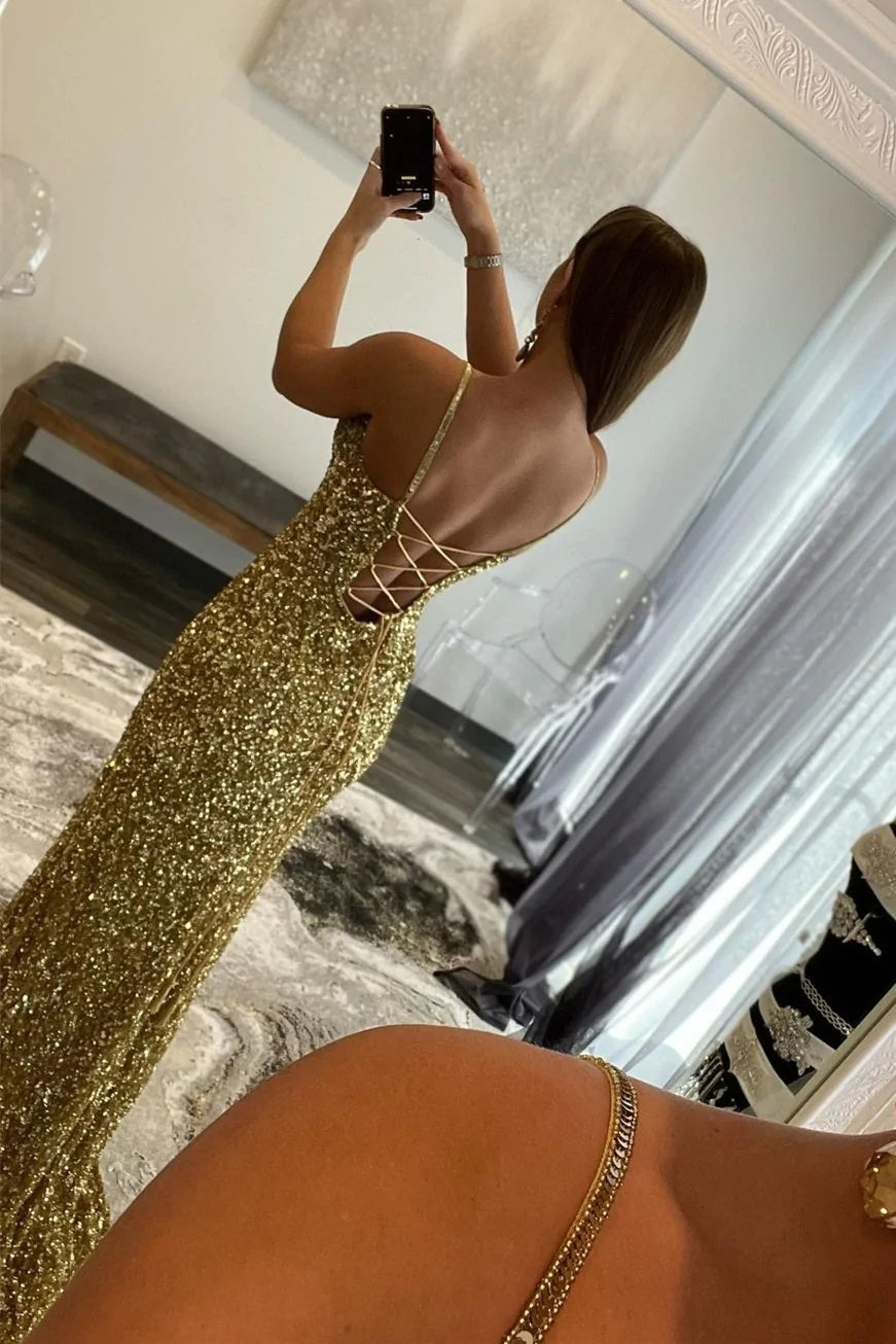 Arlene | Charming Mermaid V Nekc Gold Sequins Long Prom Dresses with Slit