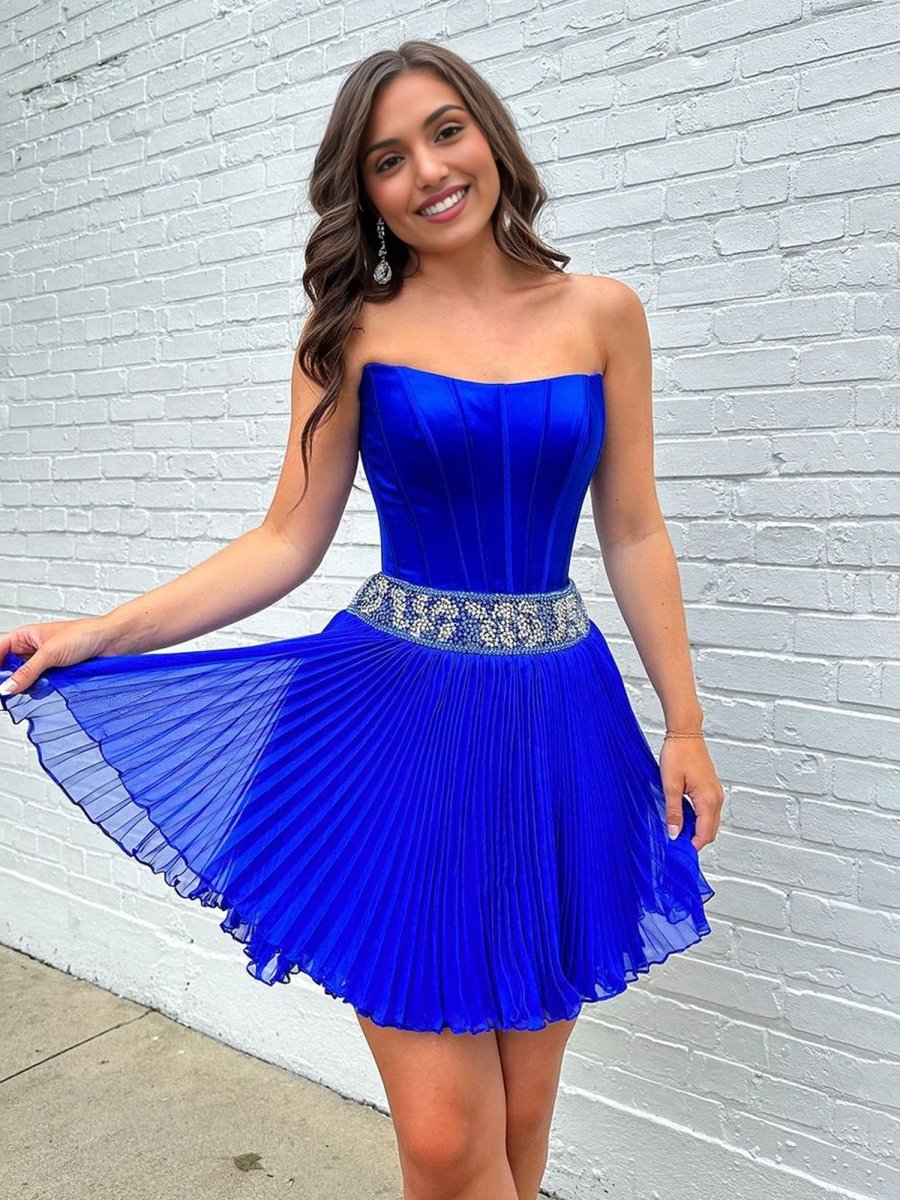Faelina | Royal Blue - A Line Strapless Chiffon Short Homecoming Dresses With Beadings