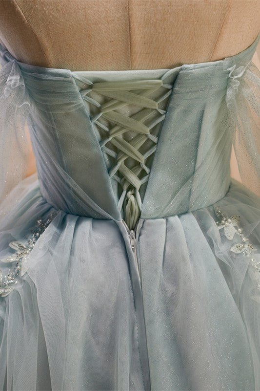 Fairy-tale Tulle Beaded Off-the-Shoulder Lace-Up Back A-Line Party Dress Sky Blue / 0 Fairy-tale Tulle Beaded Off-the-Shoulder Lace-Up Back A-Line Party Dress Sky Blue / 0