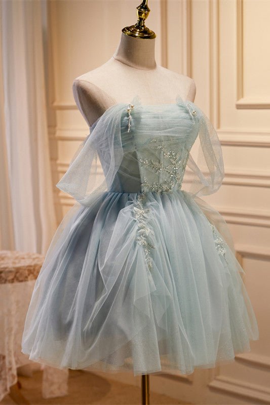 Fairy-tale Tulle Beaded Off-the-Shoulder Lace-Up Back A-Line Party Dress Sky Blue / 0 Fairy-tale Tulle Beaded Off-the-Shoulder Lace-Up Back A-Line Party Dress Sky Blue / 0