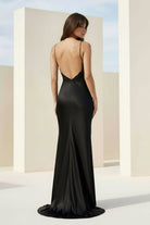 Falisse | Black - Spaghetti Straps Mermaid Satin Backless Prom Dresses With Beading - KissProm