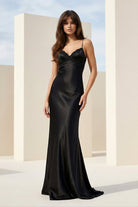Falisse | Black - Spaghetti Straps Mermaid Satin Backless Prom Dresses With Beading - KissProm
