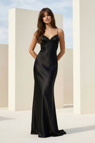 Falisse | Black - Spaghetti Straps Mermaid Satin Backless Prom Dresses With Beading - KissProm