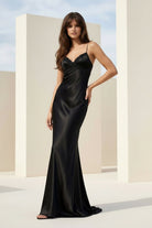 Falisse | Black - Spaghetti Straps Mermaid Satin Backless Prom Dresses With Beading - KissProm