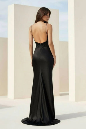 Black Spaghetti Straps Mermaid Satin Backless Prom Dresses With Beading – Prom Dress by KissProm | Available at KissProm
