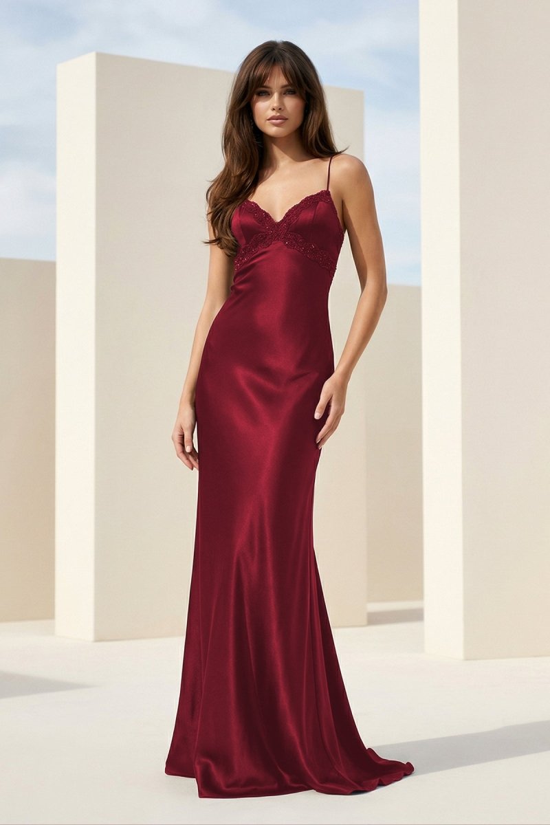 Falisse | Black - Spaghetti Straps Mermaid Satin Backless Prom Dresses With Beading - KissProm