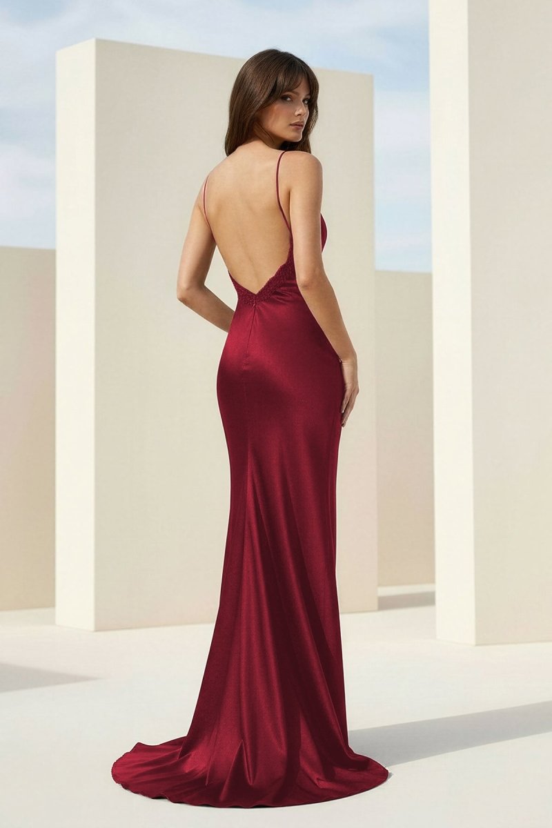 Falisse | Black - Spaghetti Straps Mermaid Satin Backless Prom Dresses With Beading - KissProm