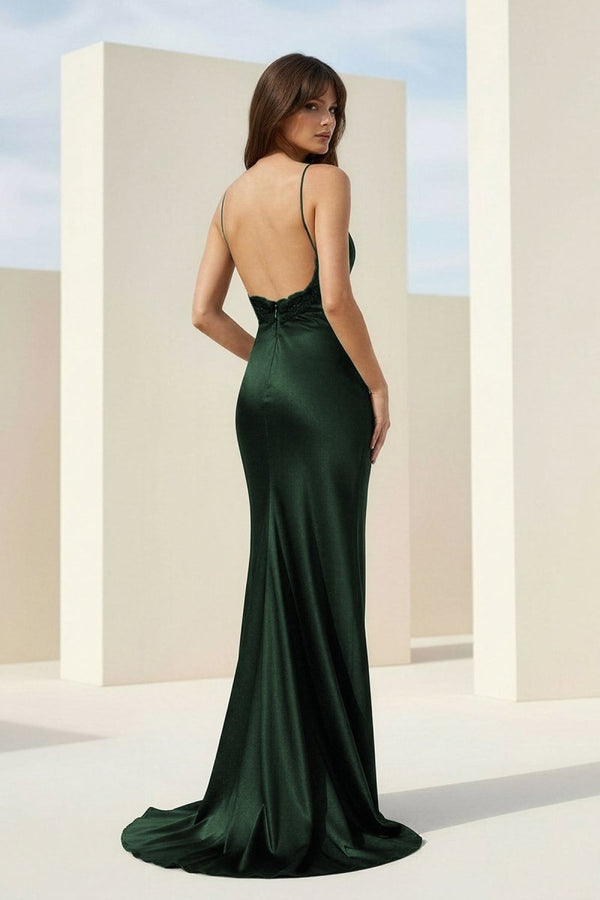 Black Spaghetti Straps Mermaid Satin Backless Prom Dresses With Beading – Prom Dress by KissProm | Available at KissProm