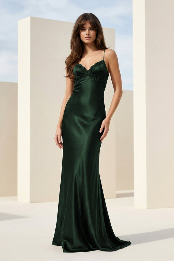 Black Spaghetti Straps Mermaid Satin Backless Prom Dresses With Beading – Prom Dress by KissProm | Available at KissProm