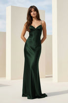 Falisse | Black - Spaghetti Straps Mermaid Satin Backless Prom Dresses With Beading - KissProm