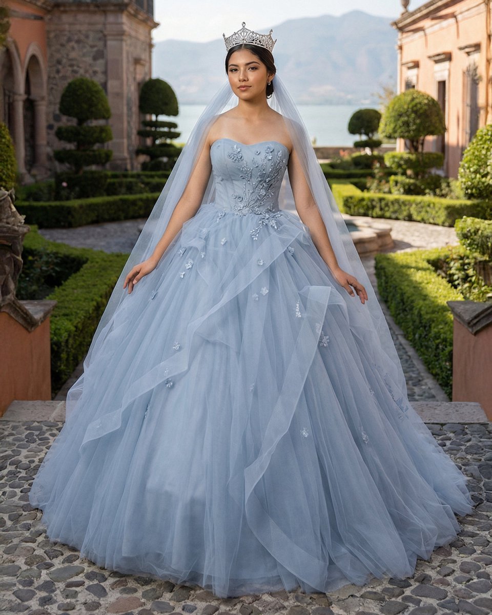 KissProm Grey Blue Tulle A-Line Sweetheart Lace-Up Back Quinceanera Dress, Grey Blue / 22