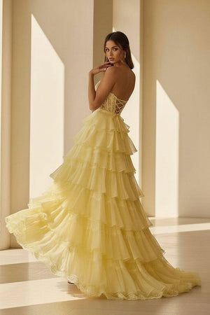 Syrina | Yellow - Strapless A Line Chiffon Tiered Prom Dresses With Bow - KissProm