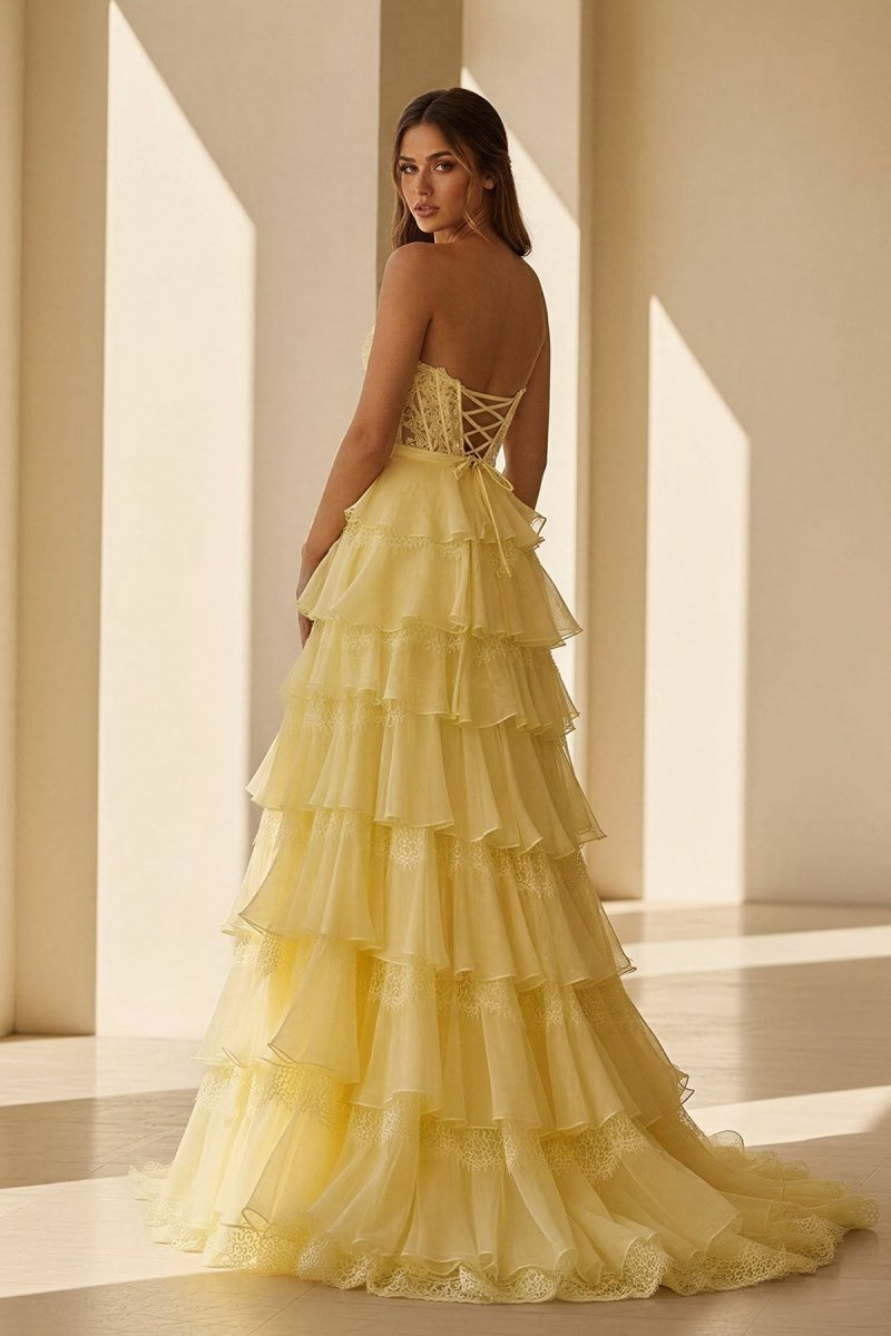 Syrina | Yellow - Strapless A Line Chiffon Tiered Prom Dresses With Bow - KissProm