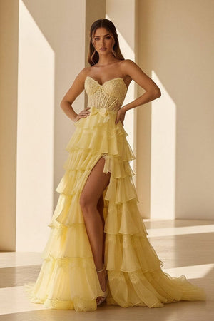 Syrina | Yellow - Strapless A Line Chiffon Tiered Prom Dresses With Bow - KissProm