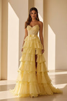 Syrina | Yellow - Strapless A Line Chiffon Tiered Prom Dresses With Bow - KissProm