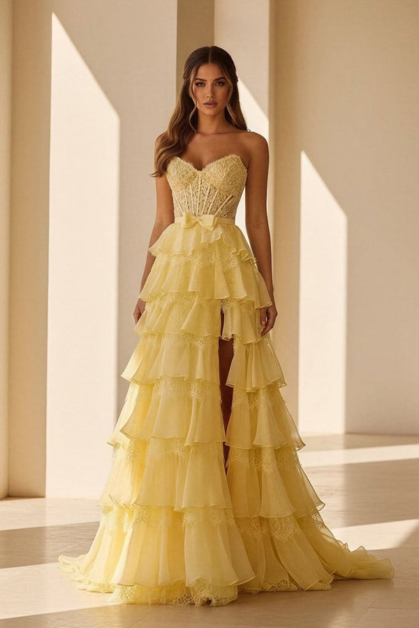 Syrina | Yellow - Strapless A Line Chiffon Tiered Prom Dresses With Bow - KissProm