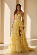 Syrina | Yellow - Strapless A Line Chiffon Tiered Prom Dresses With Bow - KissProm