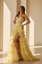 Syrina | Yellow - Strapless A Line Chiffon Tiered Prom Dresses With Bow - KissProm
