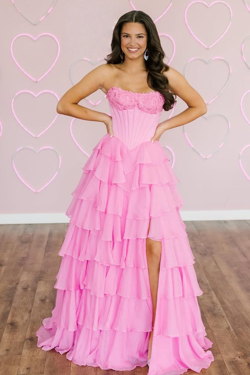 Haliah | Pink - Strapless A Line Chiffon Tiered Prom Dresses With Appliques - KissProm