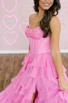 Haliah | Pink - Strapless A Line Chiffon Tiered Prom Dresses With Appliques - KissProm