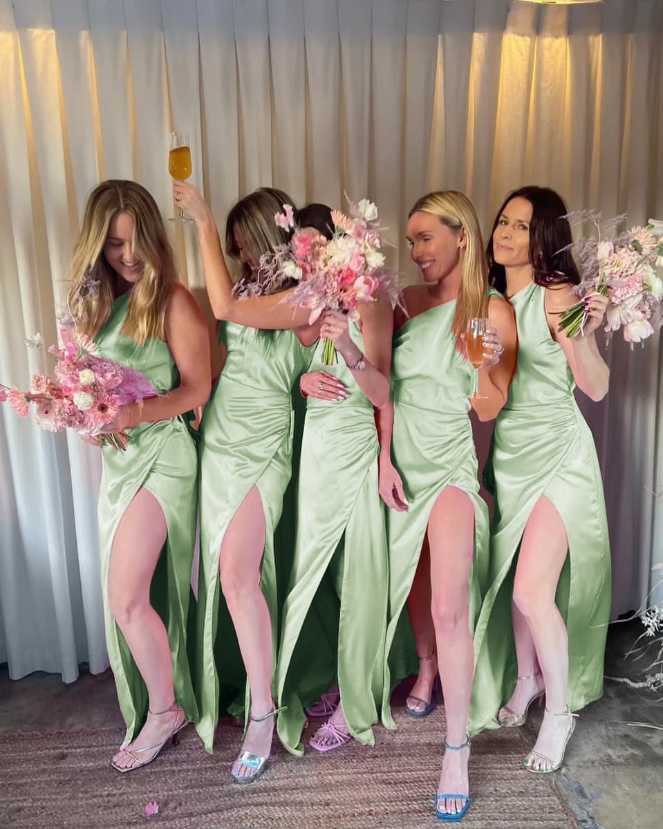 Fashion Sheath One Shoulder Pink Satin Bridesmaid Dresses - KissProm