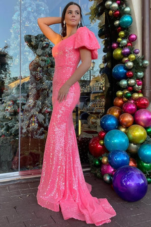 Neon Pink Sequin One-Shoulder Bow Strap Trumpet Long Prom Dress Neon Pink Sequin One-Shoulder Bow Strap Trumpet Long Prom Dress