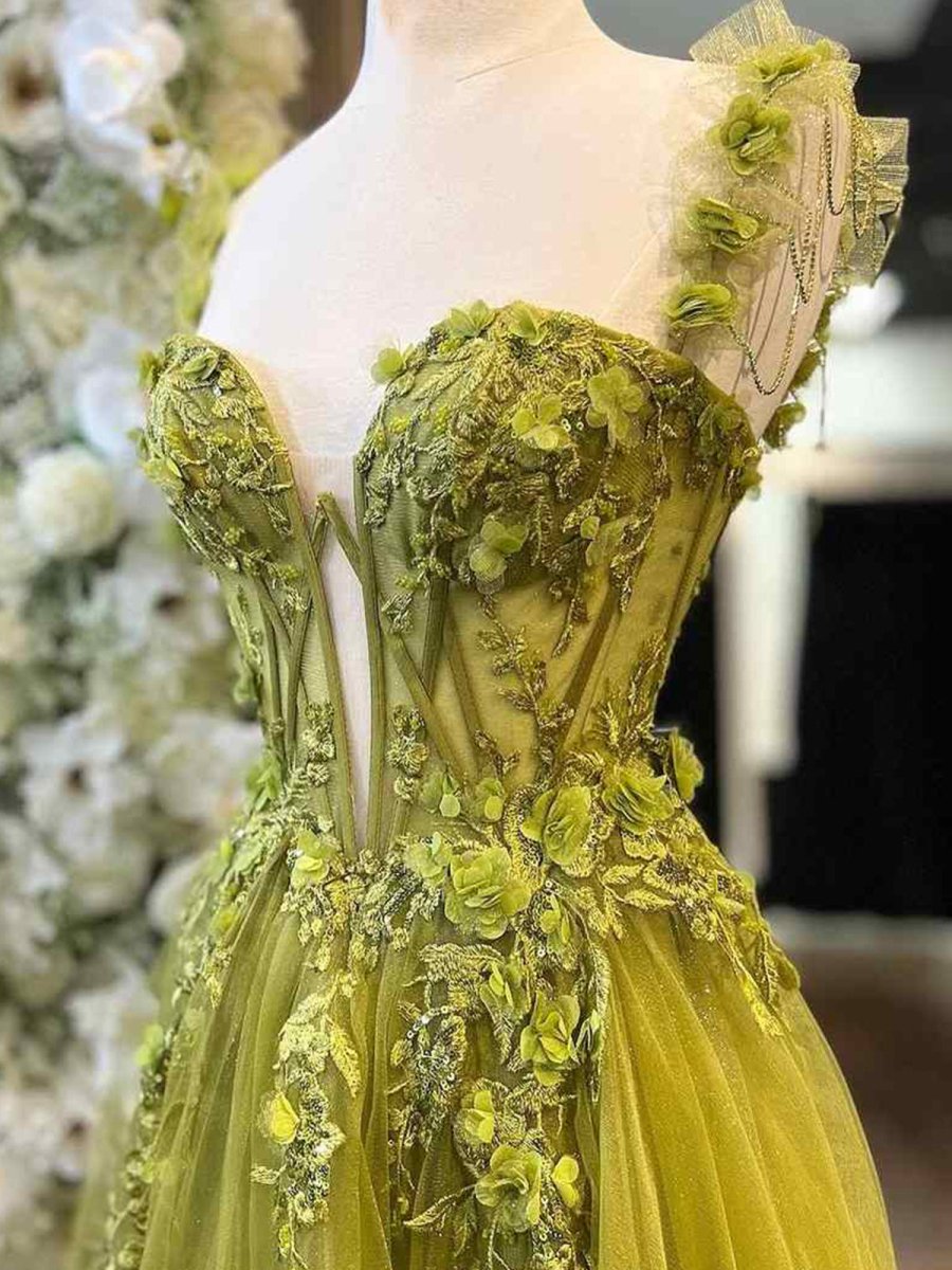A-Line Olive Spaghetti Straps Tulle Long Prom Dresses with Lace Appliq