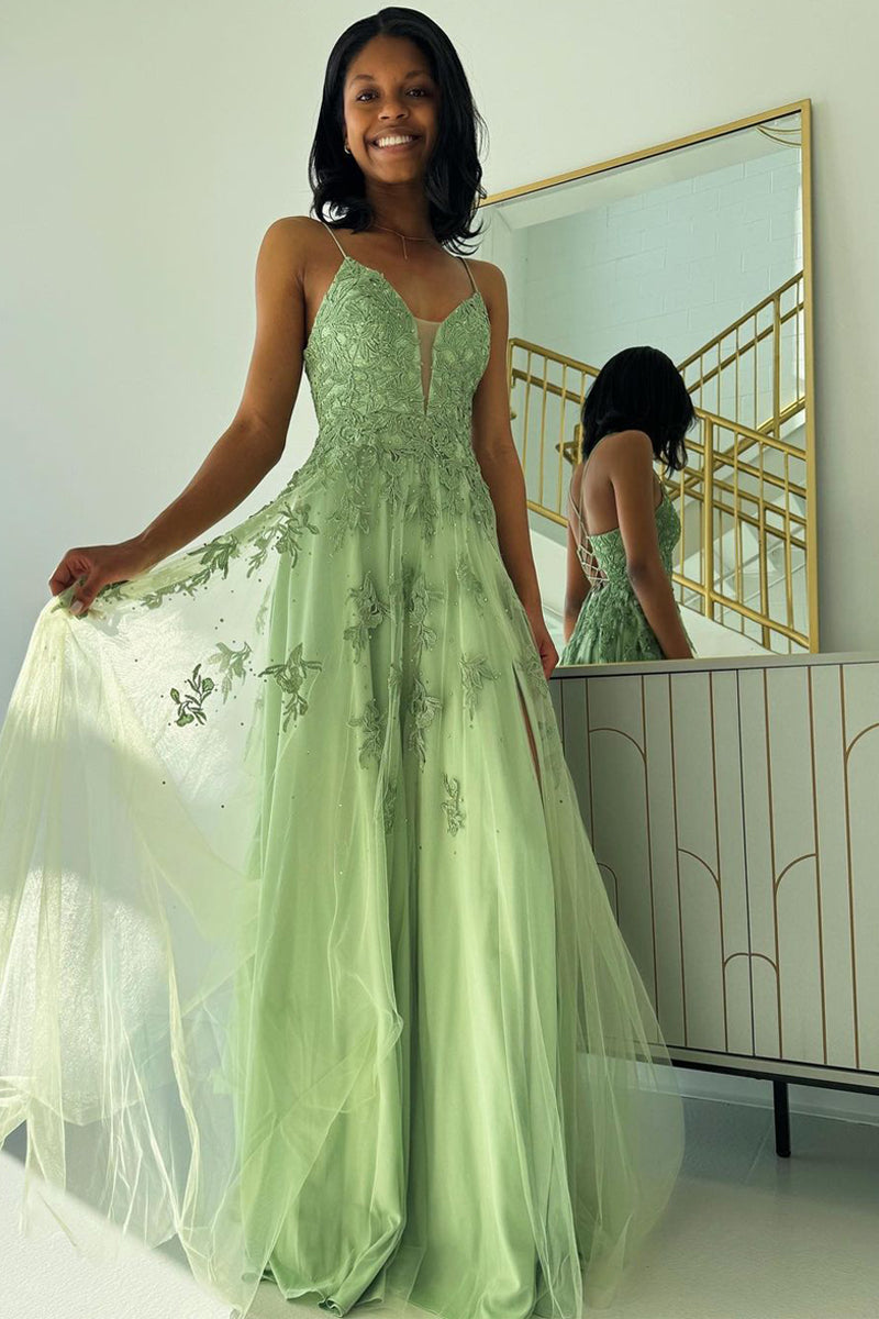 Sage Green V Neck Tulle A-Line Long Prom Dresses with Appliques