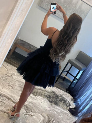 A-Line Deep V Neck Tiered Short Homecoming Dress - KissProm